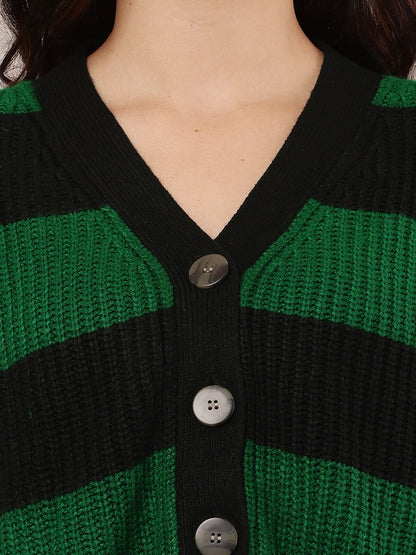 Green and black Striped Cardigan with Acrylic Full Sleeves and V-Neck