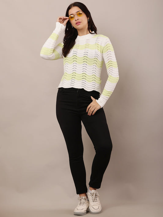 Polyester Full Sleeve with Crew Neck Green and white Sweater
