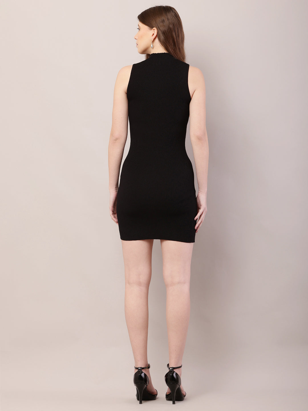 Viscose High-Neck with Sleeveless Black Bodycon Dress
