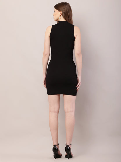 Viscose High-Neck with Sleeveless Black Bodycon Dress