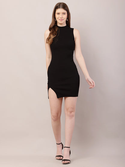 Viscose High-Neck with Sleeveless Black Bodycon Dress