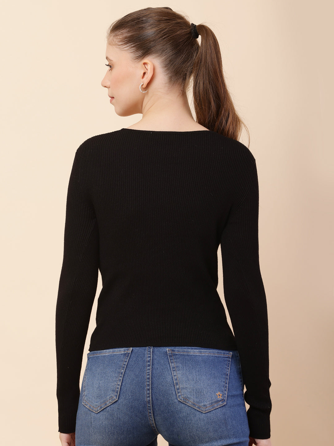 Viscose V-Neck with Full Sleeve Ribbed Black Top