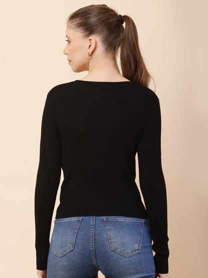 Viscose V-Neck with Full Sleeve Ribbed Black Top