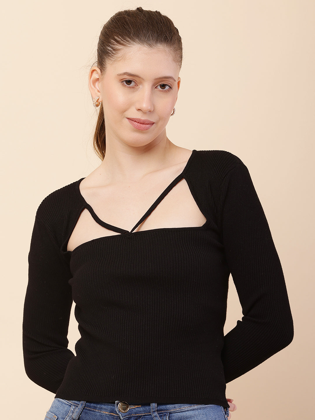 Viscose V-Neck with Full Sleeve Ribbed Black Top