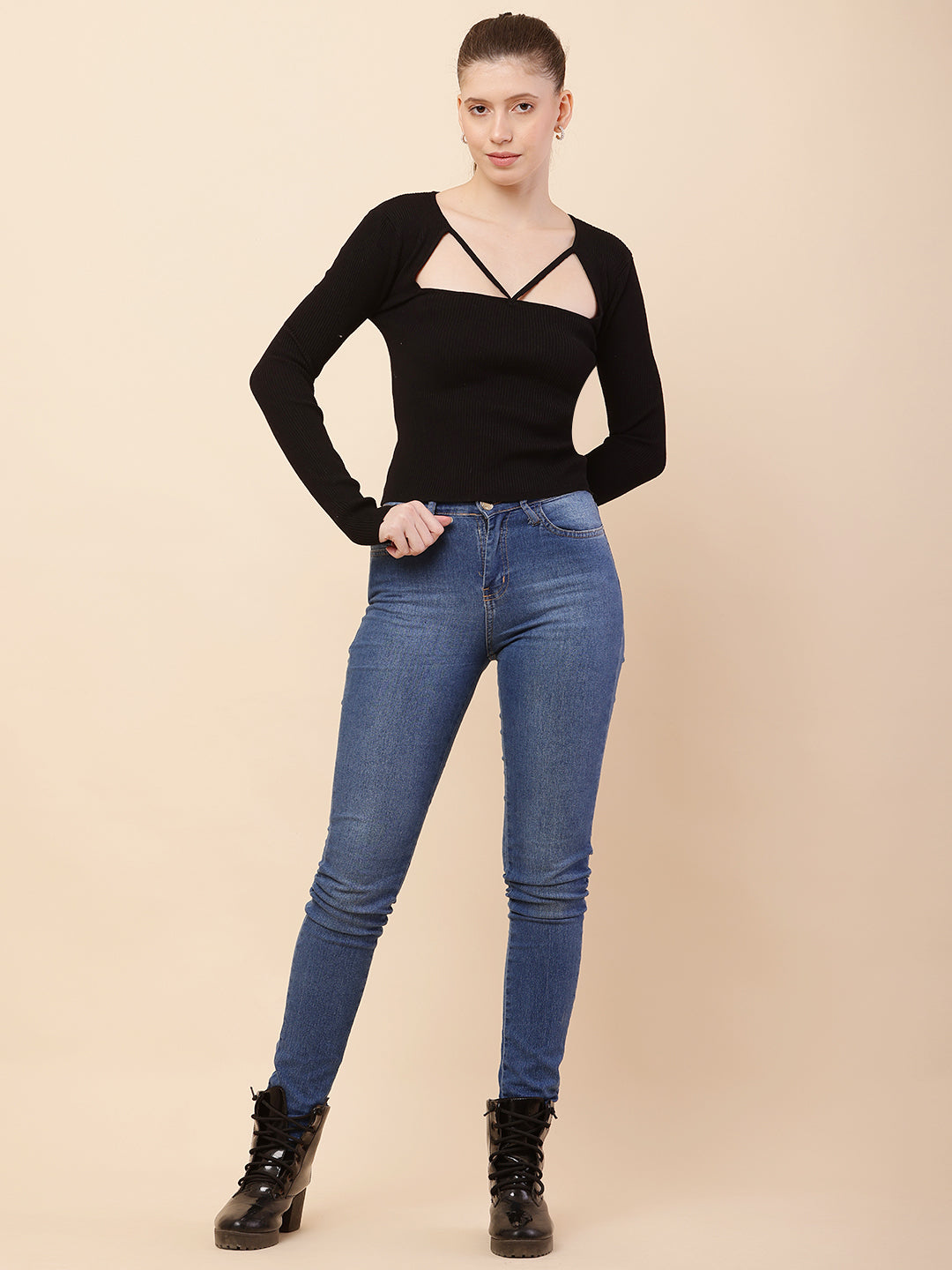 Viscose V-Neck with Full Sleeve Ribbed Black Top