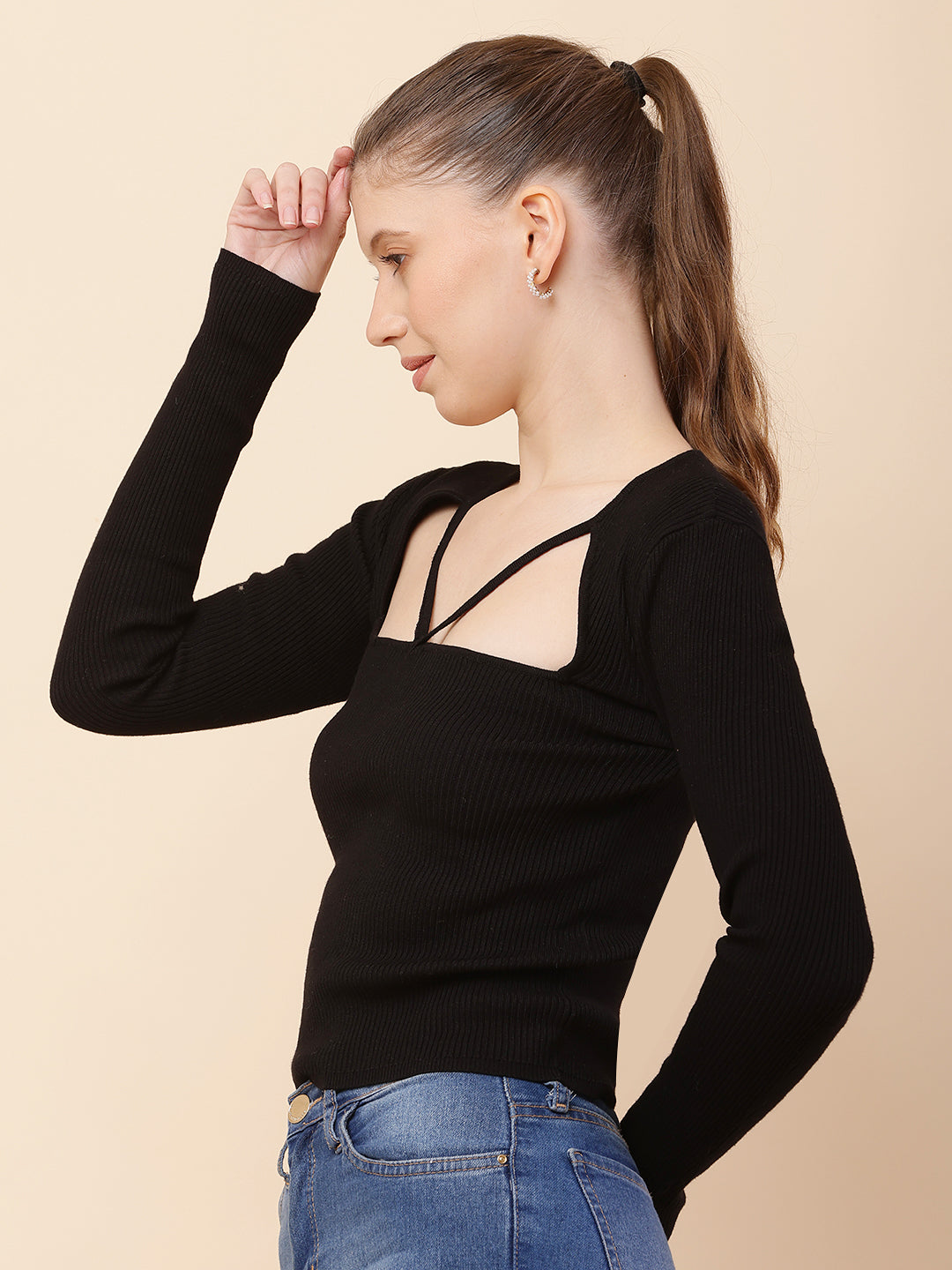 Viscose V-Neck with Full Sleeve Ribbed Black Top