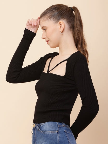 Viscose V-Neck with Full Sleeve Ribbed Black Top
