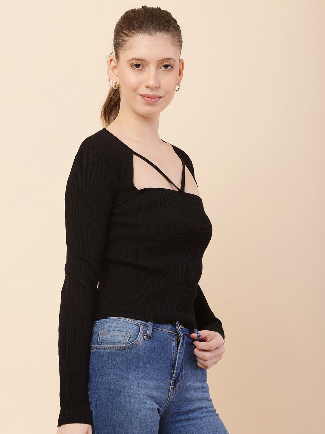 Viscose V-Neck with Full Sleeve Ribbed Black Top