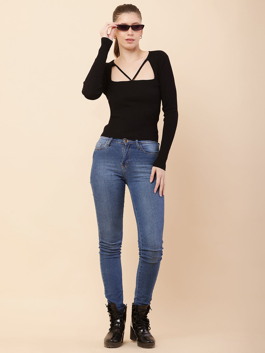 Viscose V-Neck with Full Sleeve Ribbed Black Top