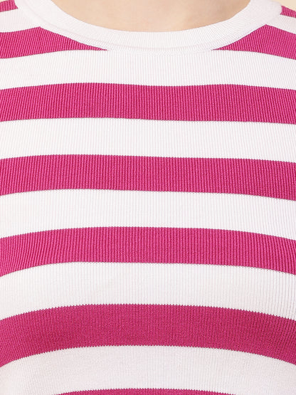 Viscose Crew neck with Sleeveless Striped Pink Crop Top