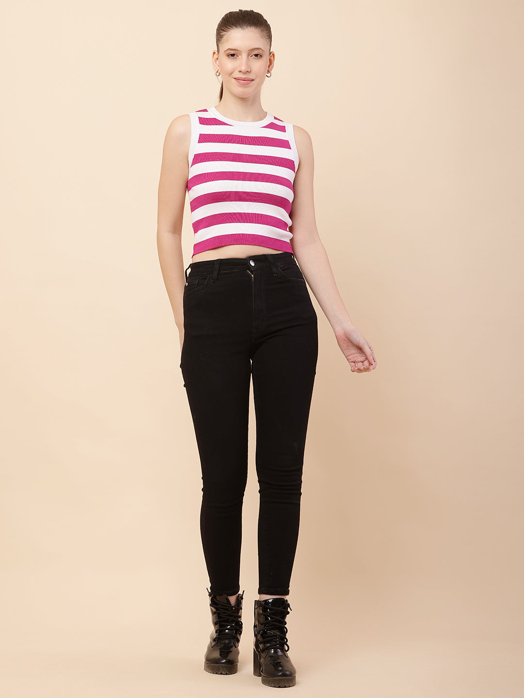 Viscose Crew neck with Sleeveless Striped Pink Crop Top