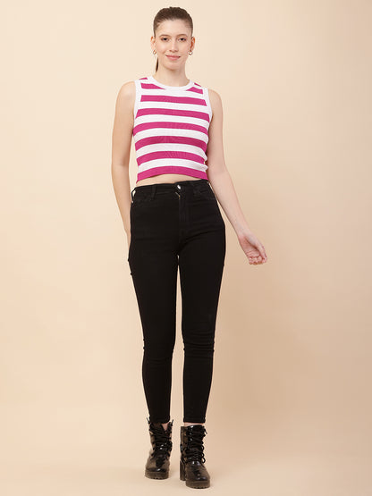 Viscose Crew neck with Sleeveless Striped Pink Crop Top