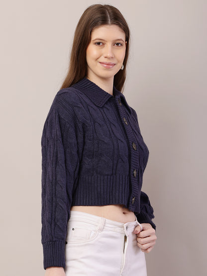 Acrylic Full Sleeve with Shirt Collar Dark Blue Cardigan
