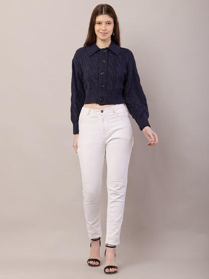 Acrylic Full Sleeve with Shirt Collar Dark Blue Cardigan