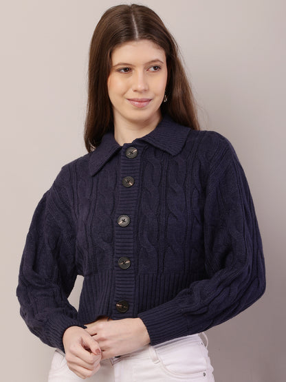 Acrylic Full Sleeve with Shirt Collar Dark Blue Cardigan