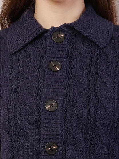 Acrylic Full Sleeve with Shirt Collar Dark Blue Cardigan