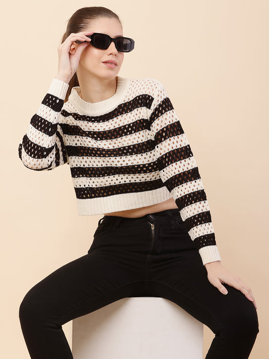 Cotton Full Sleeve with Round Neck Striped Crochets Black Sweater