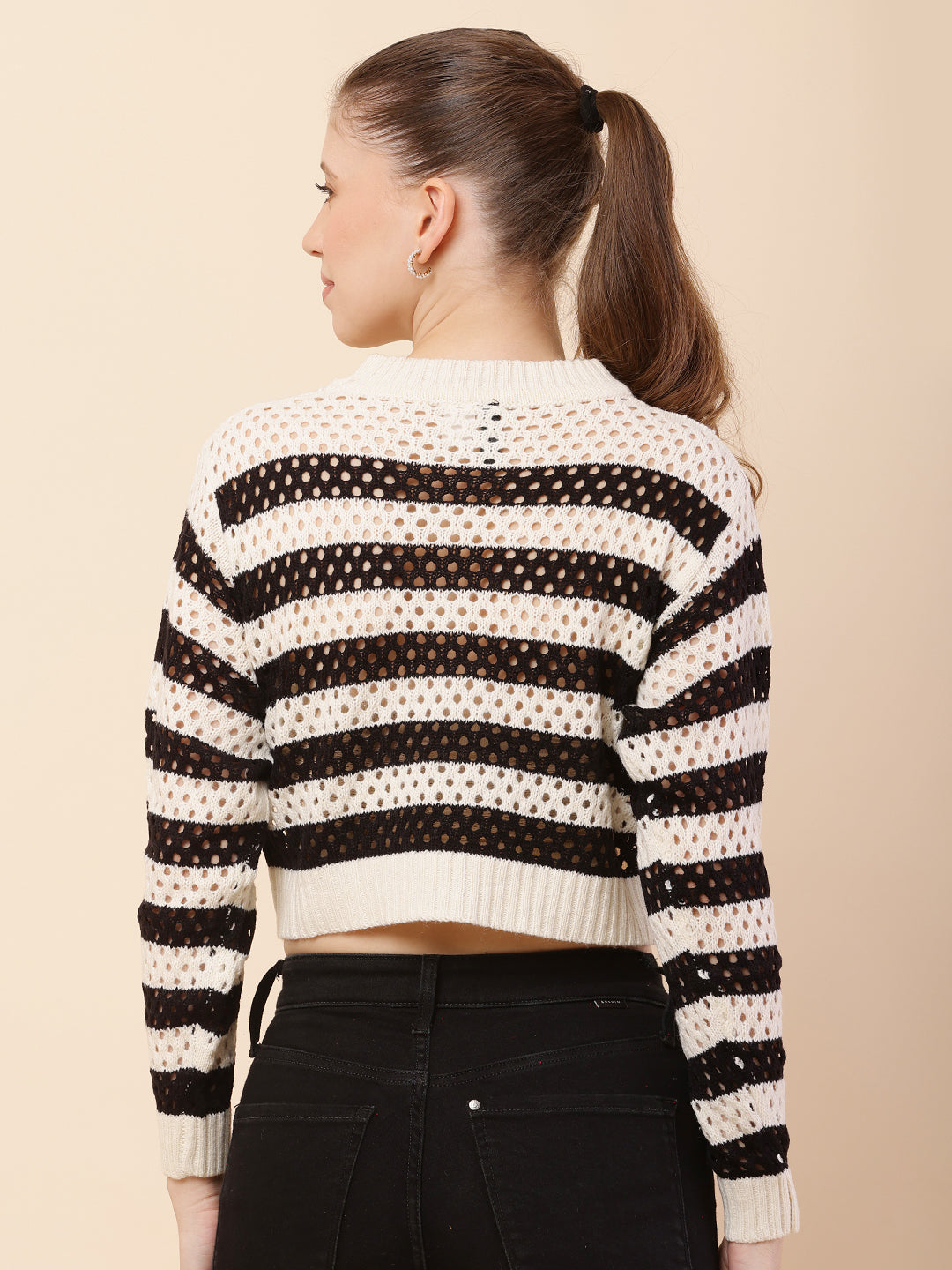 Cotton Full Sleeve with Round Neck Striped Crochets Black Sweater