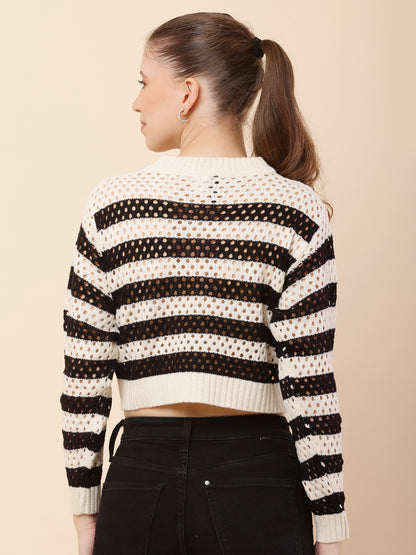 Cotton Full Sleeve with Round Neck Striped Crochets Black Sweater