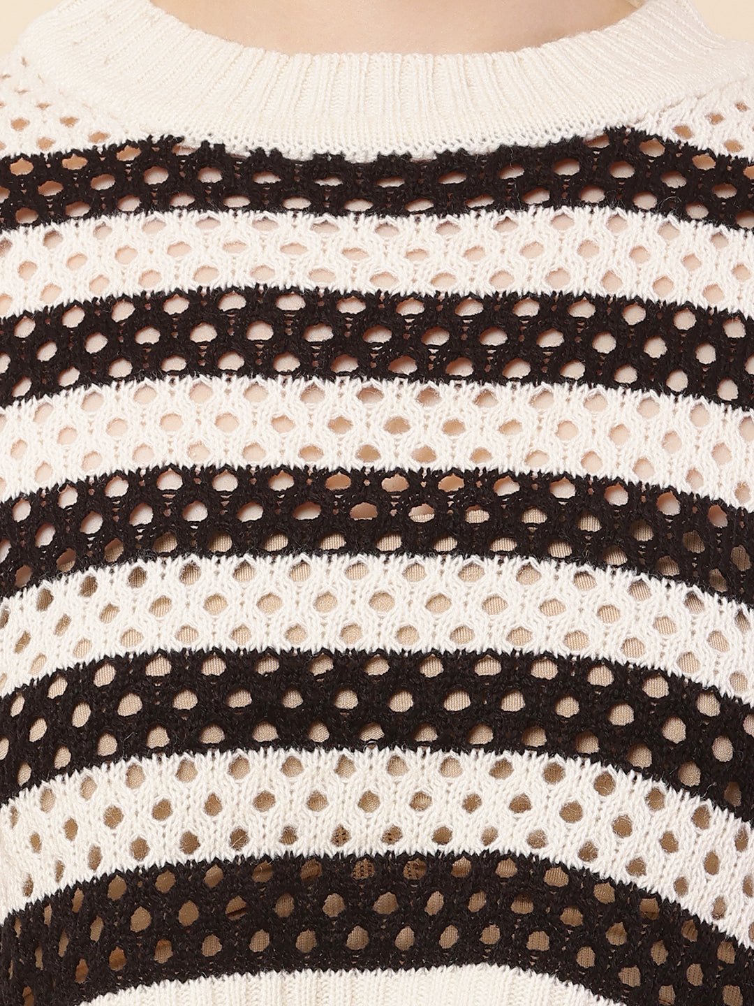 Cotton Full Sleeve with Round Neck Striped Crochets Black Sweater