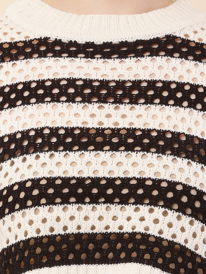 Cotton Full Sleeve with Round Neck Striped Crochets Black Sweater
