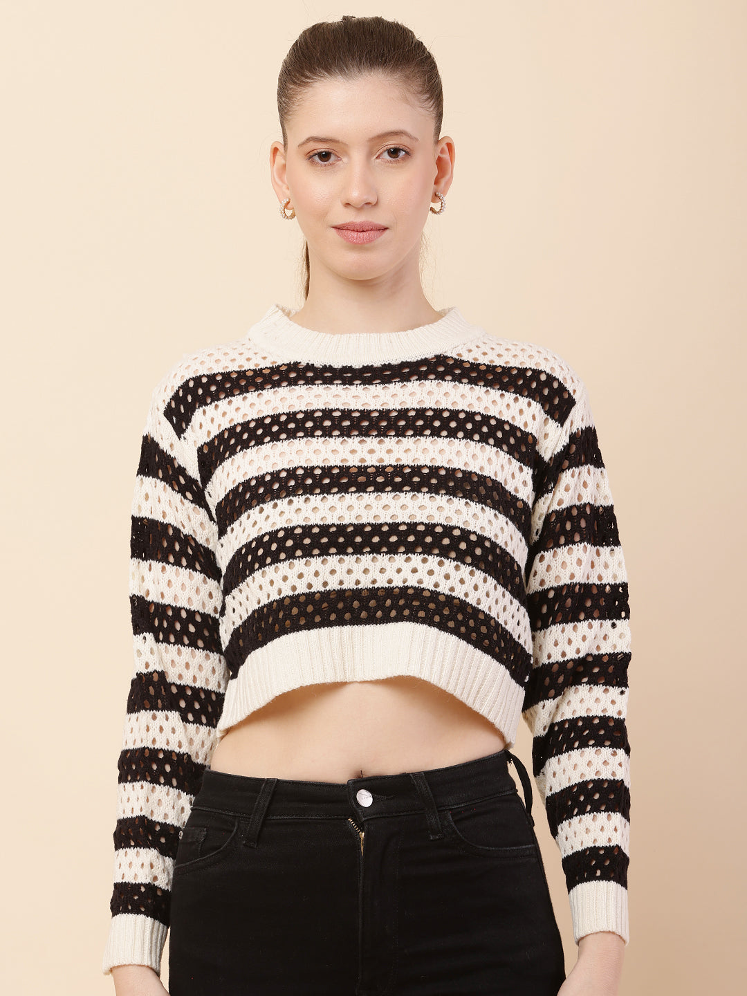 Cotton Full Sleeve with Round Neck Striped Crochets Black Sweater