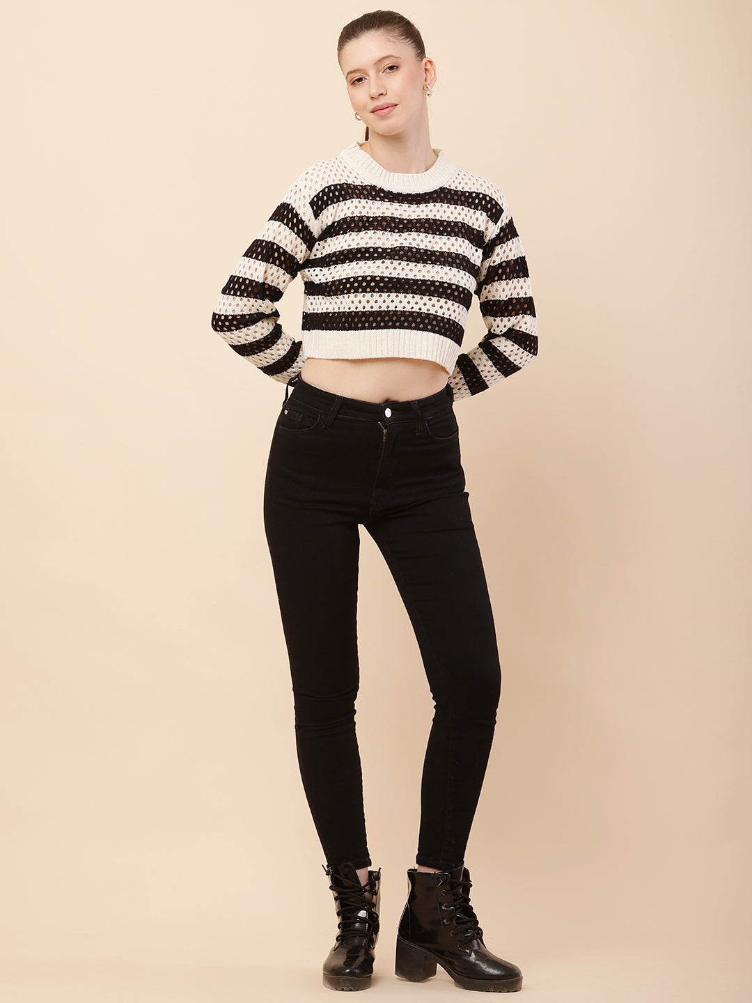 Cotton Full Sleeve with Round Neck Striped Crochets Black Sweater