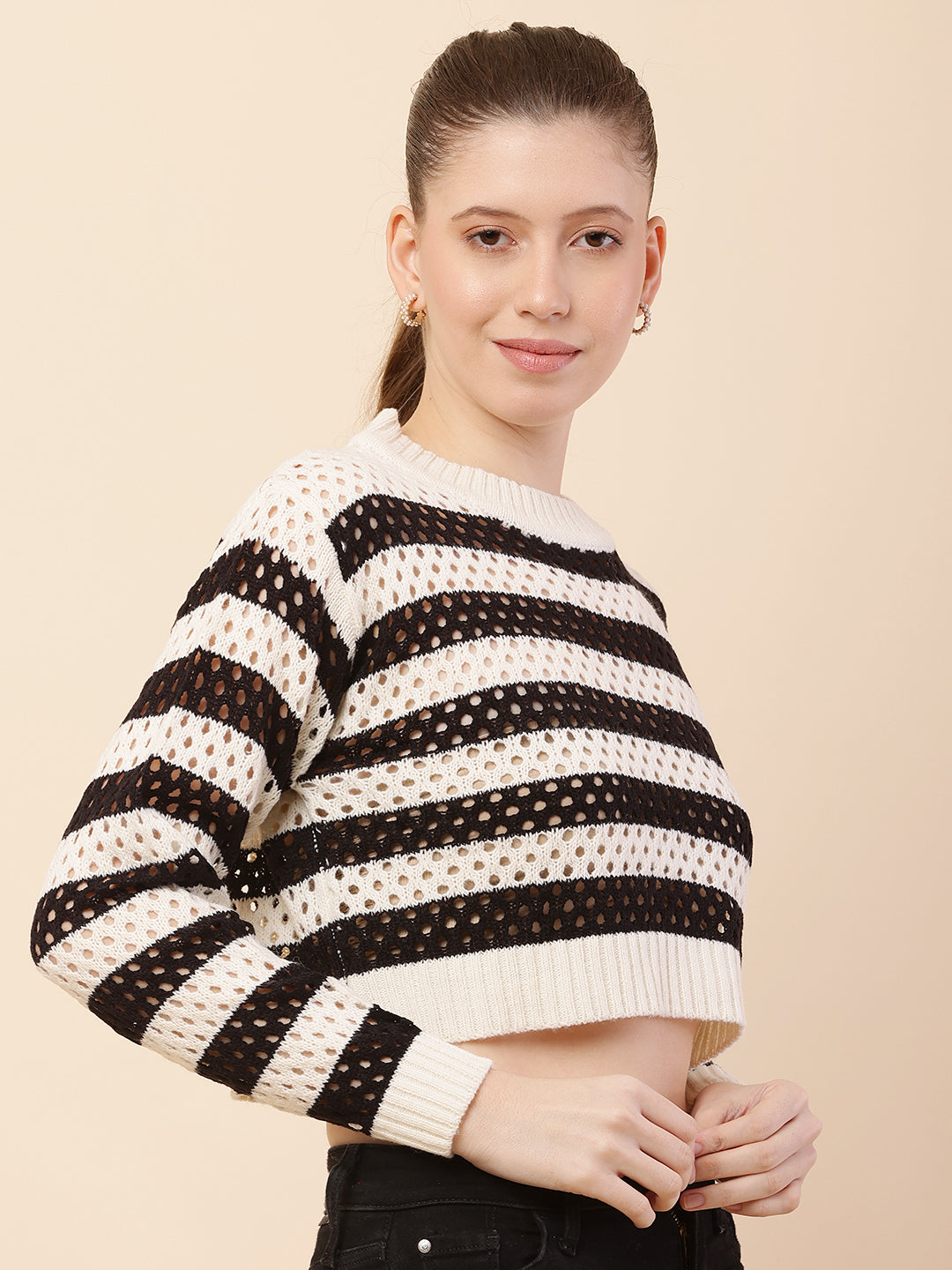 Cotton Full Sleeve with Round Neck Striped Crochets Black Sweater