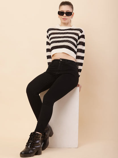 Cotton Full Sleeve with Round Neck Striped Crochets Black Sweater