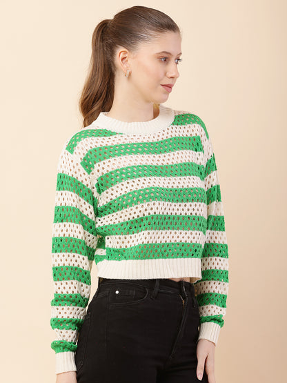 Cotton Full Sleeve with Round Neck Striped Crochets Green Sweater