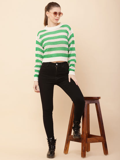 Cotton Full Sleeve with Round Neck Striped Crochets Green Sweater
