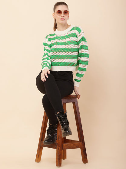 Cotton Full Sleeve with Round Neck Striped Crochets Green Sweater
