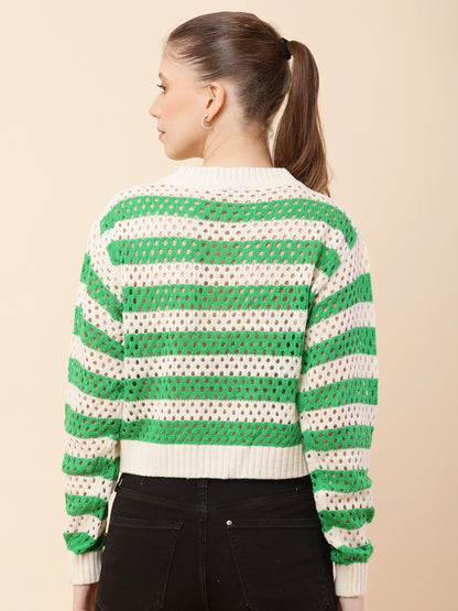 Cotton Full Sleeve with Round Neck Striped Crochets Green Sweater