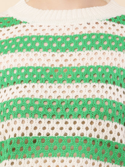 Cotton Full Sleeve with Round Neck Striped Crochets Green Sweater