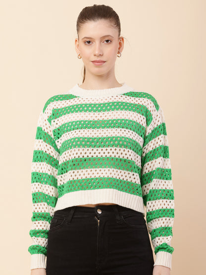 Cotton Full Sleeve with Round Neck Striped Crochets Green Sweater