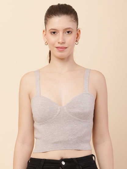 Polyester with sweetheart neck Fine-knit Beige Crop Top