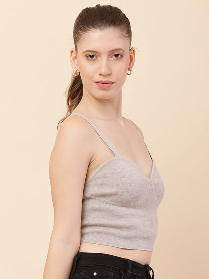 Polyester with sweetheart neck Fine-knit Beige Crop Top
