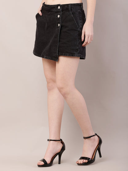 Cotton Button Black Mini Skirt with Attached Inner Short