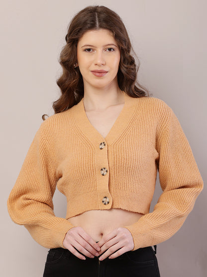 Polyester Full Sleeve with V-Neck Ribbed Crop Mustard Cardigan