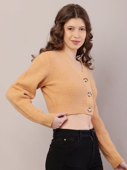Polyester Full Sleeve with V-Neck Ribbed Crop Mustard Cardigan