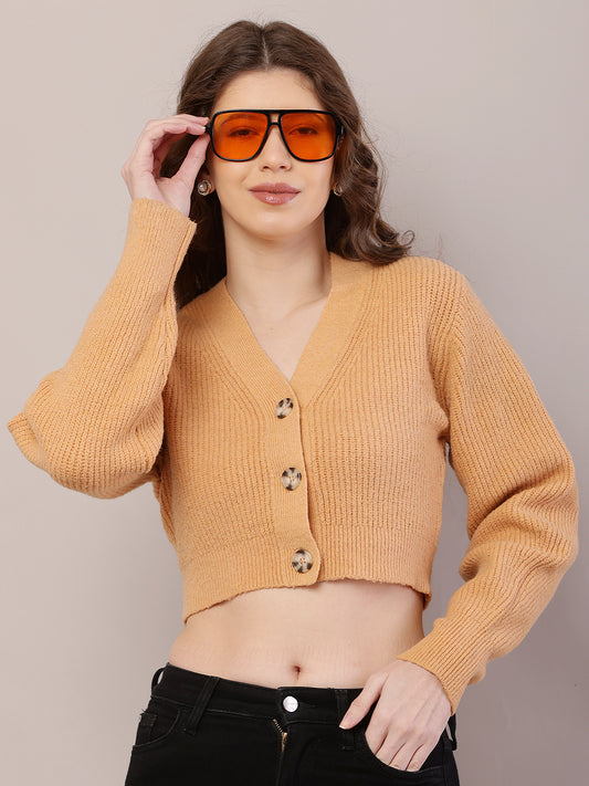 Polyester Full Sleeve with V-Neck Ribbed Crop Mustard Cardigan