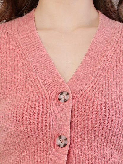 Polyester Full Sleeve with V-Neck Ribbed Crop Light Peach Cardigan