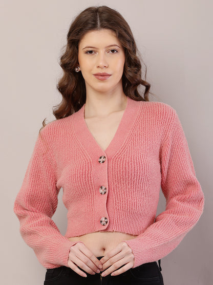 Polyester Full Sleeve with V-Neck Ribbed Crop Light Peach Cardigan