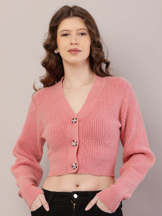 Polyester Full Sleeve with V-Neck Ribbed Crop Light Peach Cardigan