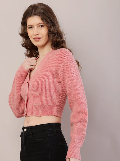 Polyester Full Sleeve with V-Neck Ribbed Crop Light Peach Cardigan