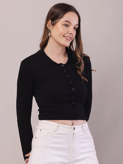Viscose Full Sleeve with Shirt Collar Ribbed Crop Black Cardigan