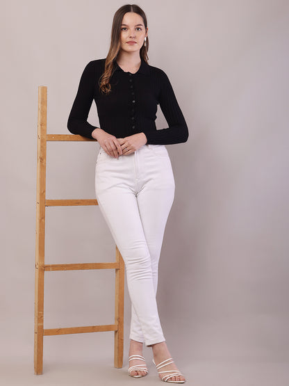 Viscose Full Sleeve with Shirt Collar Ribbed Crop Black Cardigan