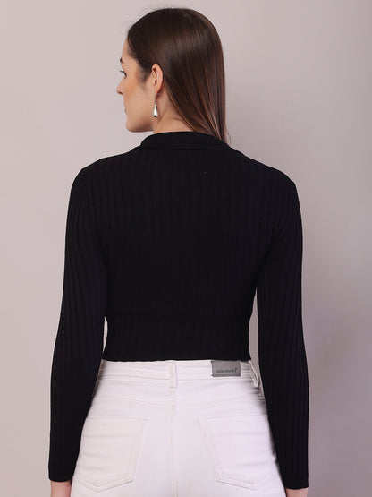 Viscose Full Sleeve with Shirt Collar Ribbed Crop Black Cardigan