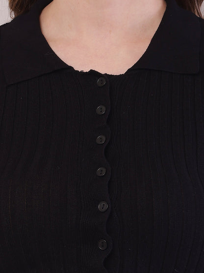 Viscose Full Sleeve with Shirt Collar Ribbed Crop Black Cardigan