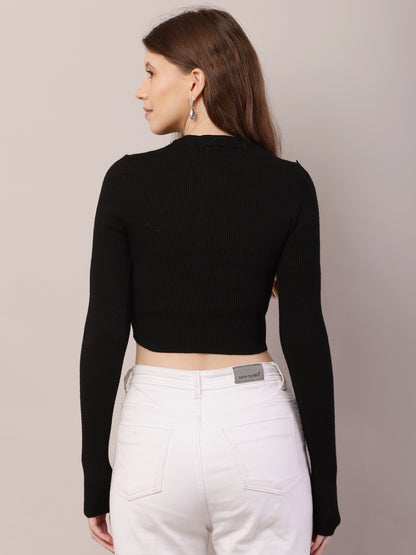 Acrylic Full Sleeve with Round Neck Crop Black Sweater